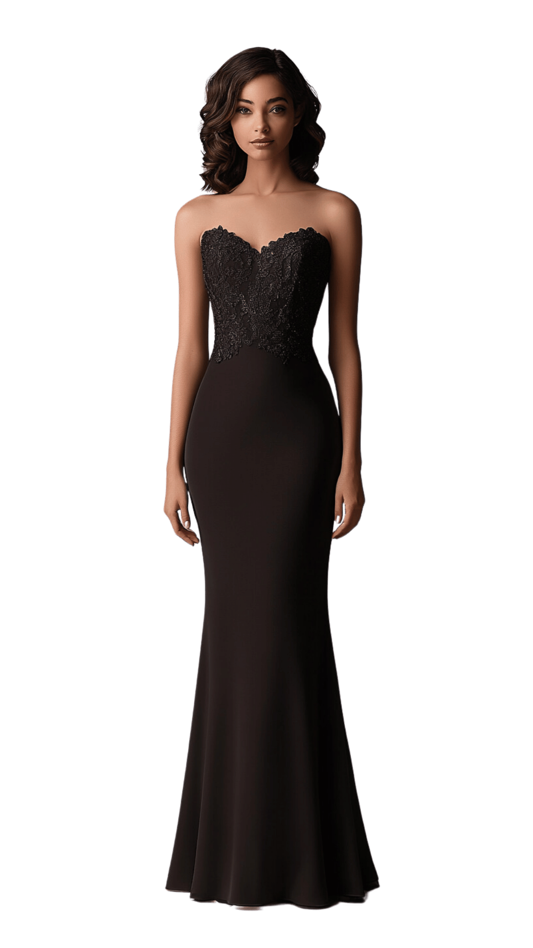 Robe de soirée longue en dentelle noire, coupe sirène avec un décolleté dos nu, portée par un mannequin, idéale pour un gala ou une cérémonie élégante.