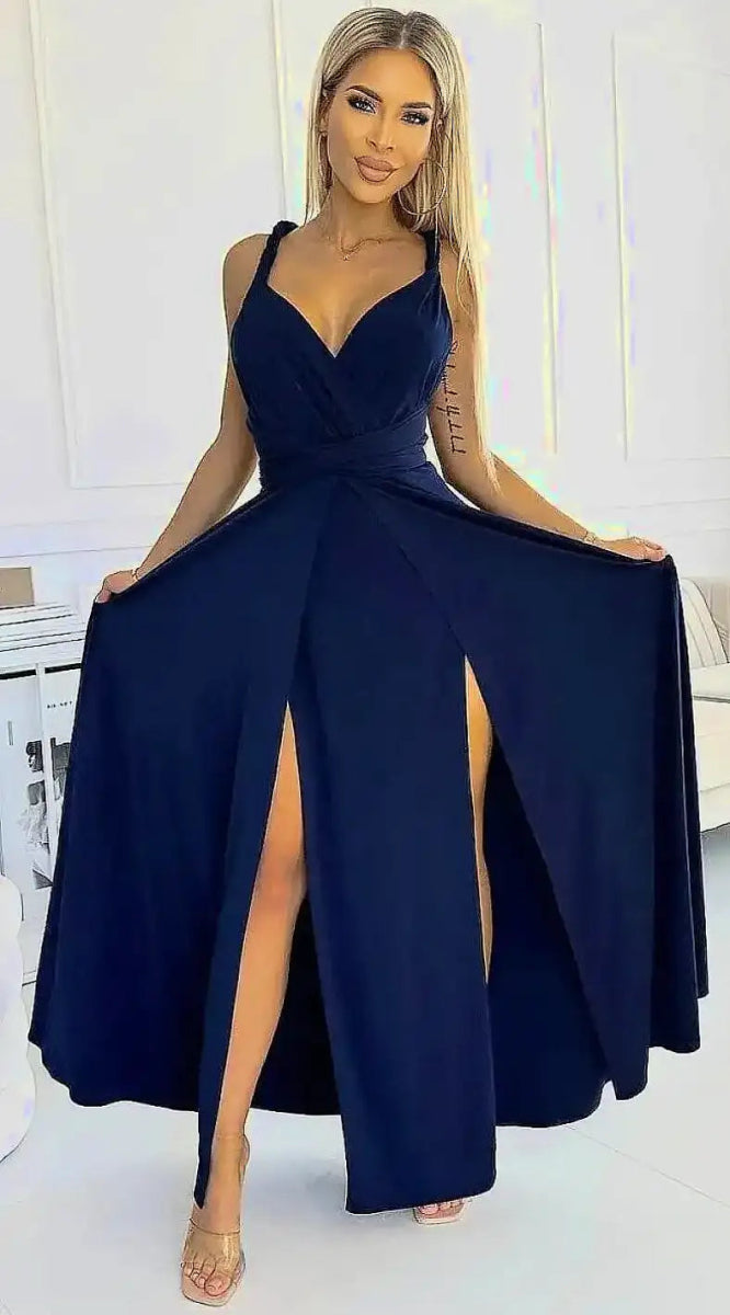 Robe à nouer bleue marine longue - Madame Robe