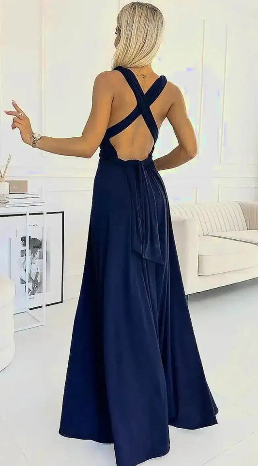 Robe à nouer bleue marine longue - Madame Robe