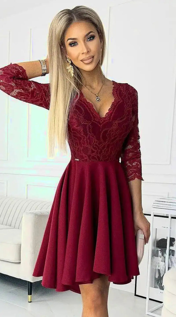 Robe asymétrique bordeaux haut en dentelle - Madame Robe