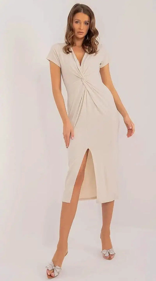 Robe beige casual midi moulante - Madame Robe