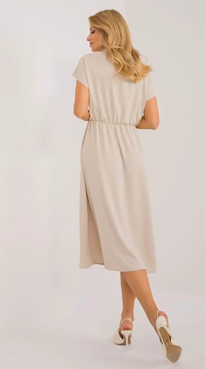 Robe beige midi casual manches courtes - Madame Robe