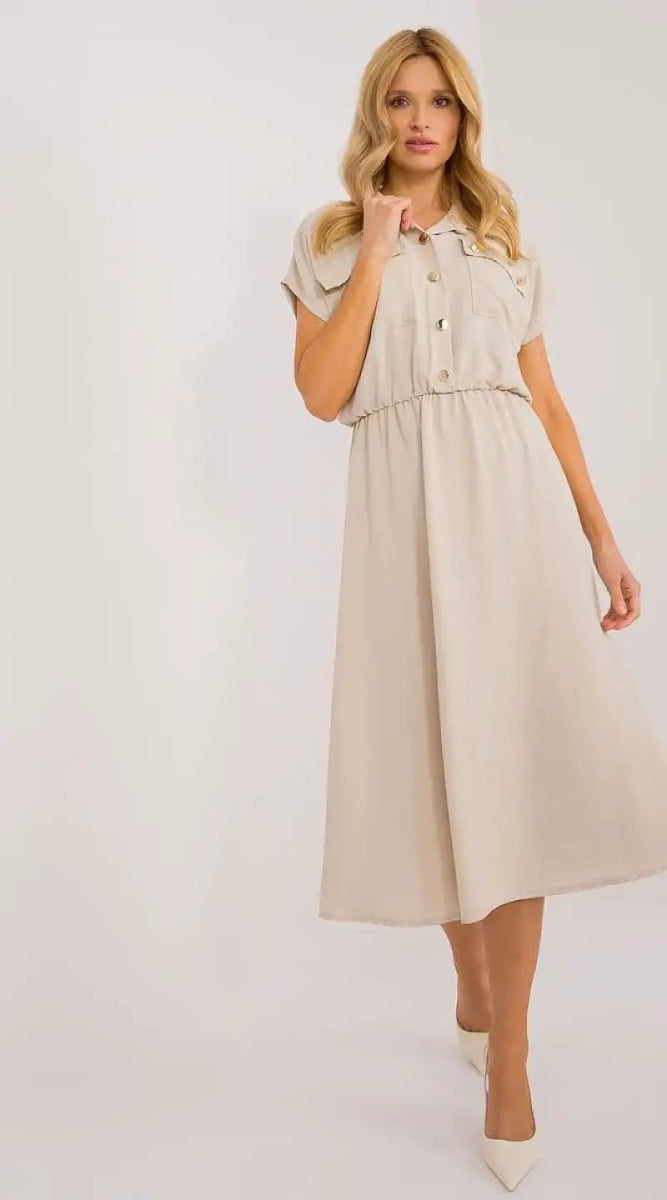 Robe beige midi casual manches courtes - Madame Robe