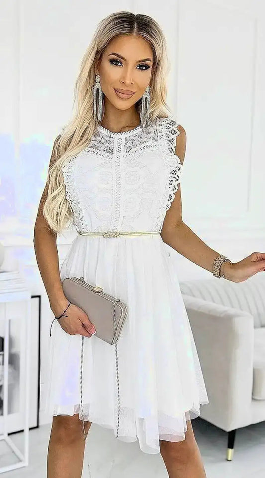 Robe blanche jupe en tulle haut en dentelle - Madame Robe