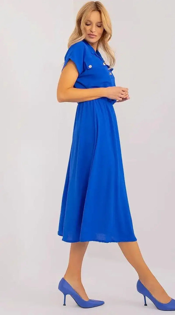 Robe bleue casual midi manches courtes - Madame Robe