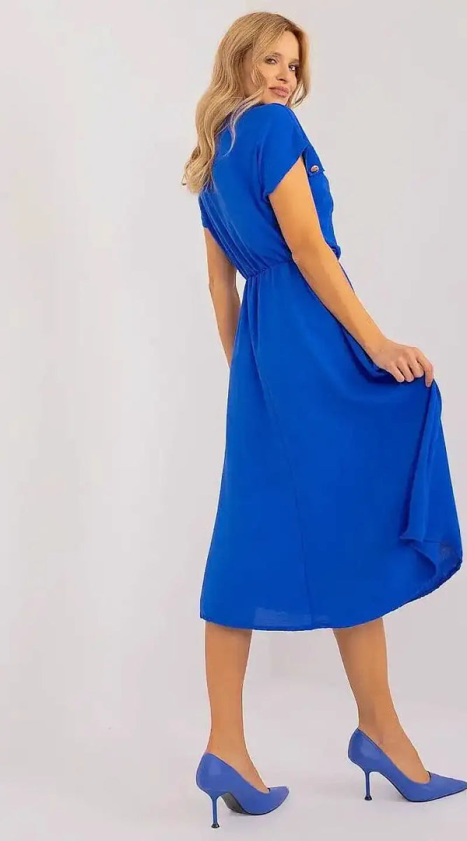 Robe bleue casual midi manches courtes - Madame Robe