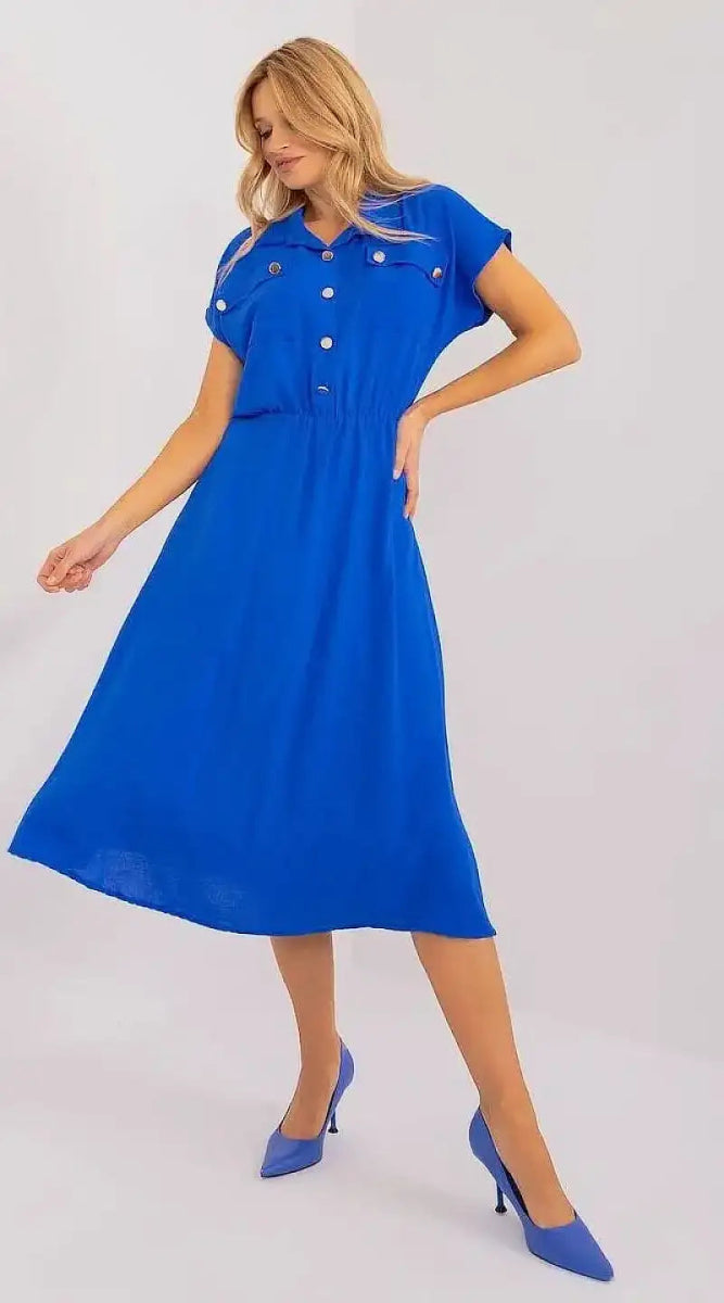 Robe bleue casual midi manches courtes - Madame Robe