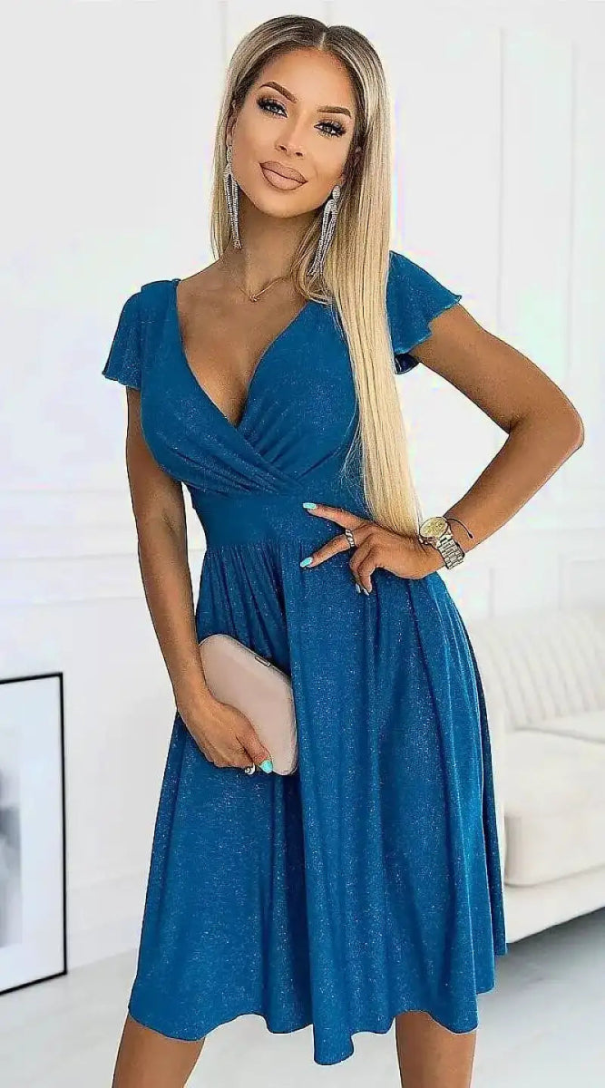 Robe bleue cocktail midi manche courte - Madame Robe