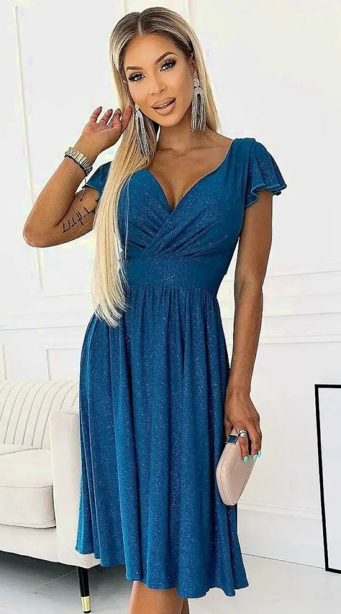 Robe bleue cocktail midi manche courte - Madame Robe