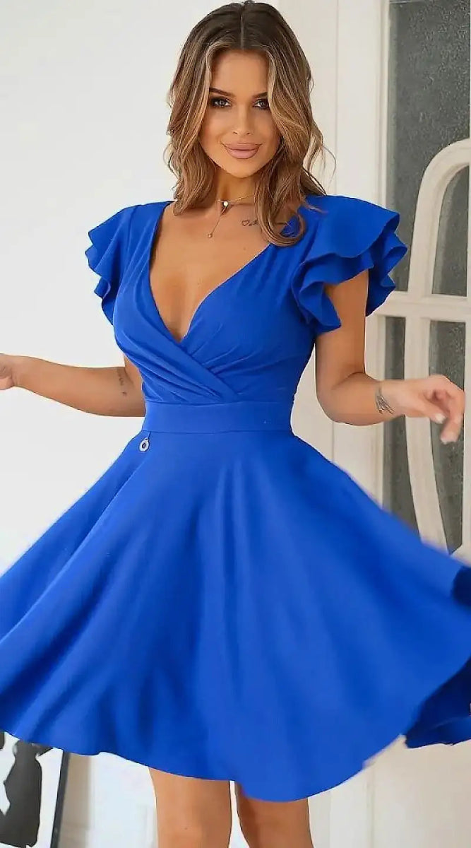 Robe bleue courte volants sur les manches - Madame Robe