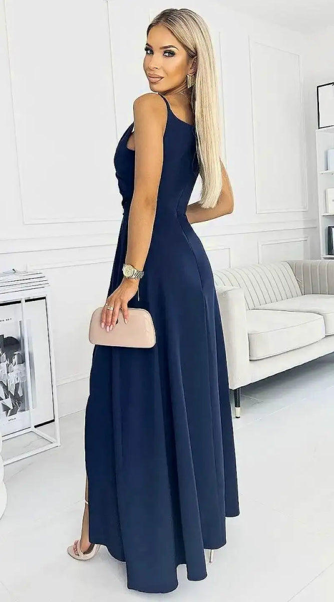 Robe bleue longue chic fendue - Madame Robe