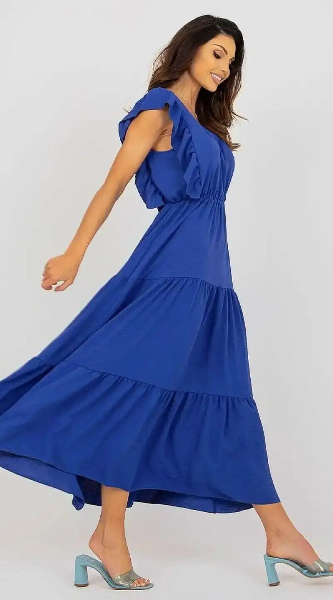 Robe bleue longue d'été manches courtes - Madame Robe