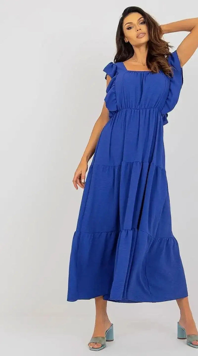 Robe bleue longue d'été manches courtes - Madame Robe