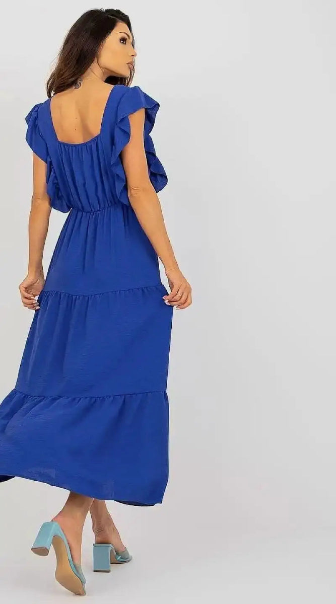 Robe bleue longue d'été manches courtes - Madame Robe