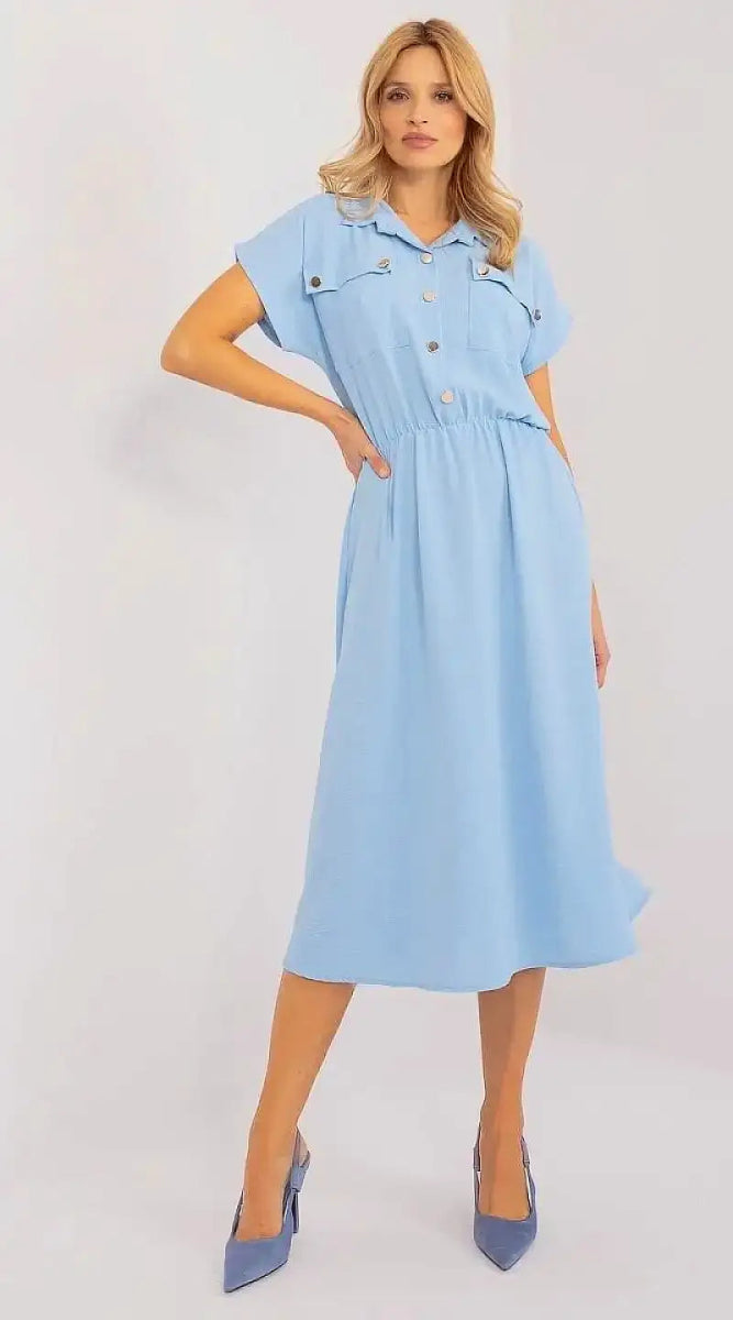 Robe bleue midi casual manche courte - Madame Robe