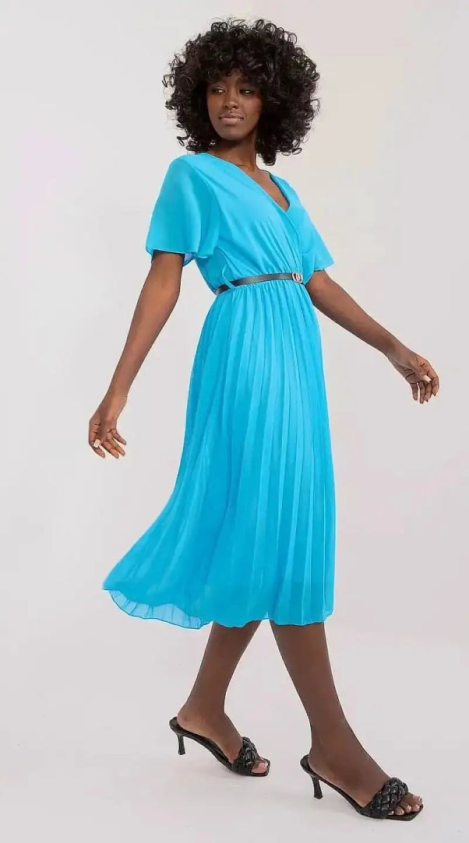 Robe bleue plissée midi - Madame Robe