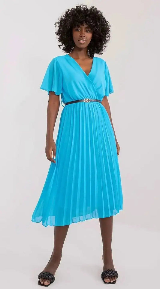 Robe bleue plissée midi - Madame Robe