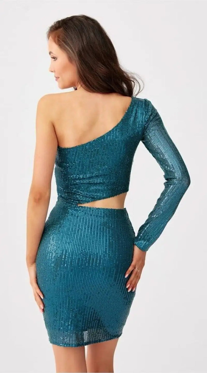 Robe bleue sequin moulante une mache - Madame Robe