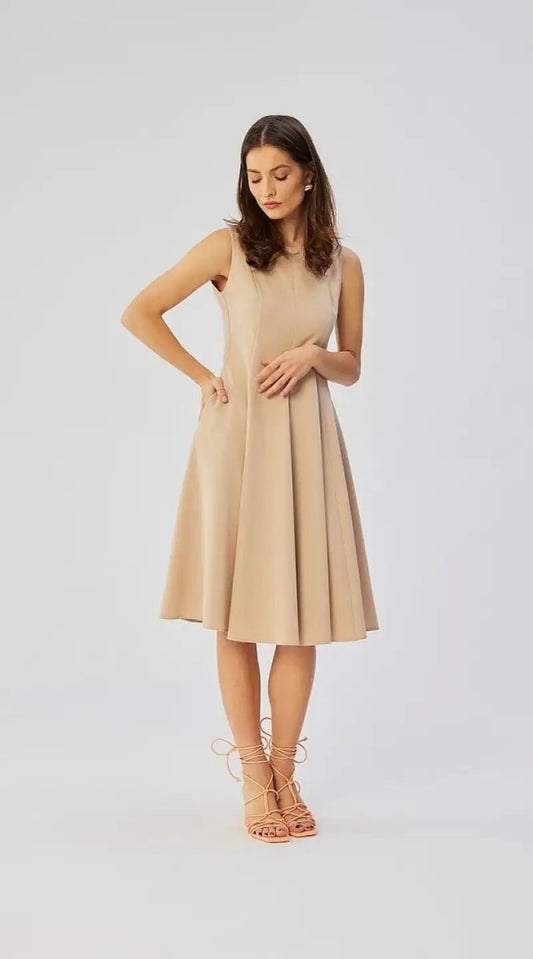 Robe cocktail beige midi évasée - Madame Robe