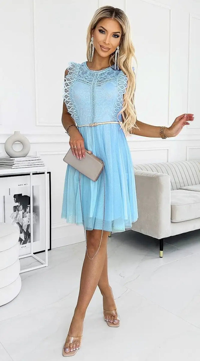 Robe de cocktail bleue haut en dentelle - Madame Robe