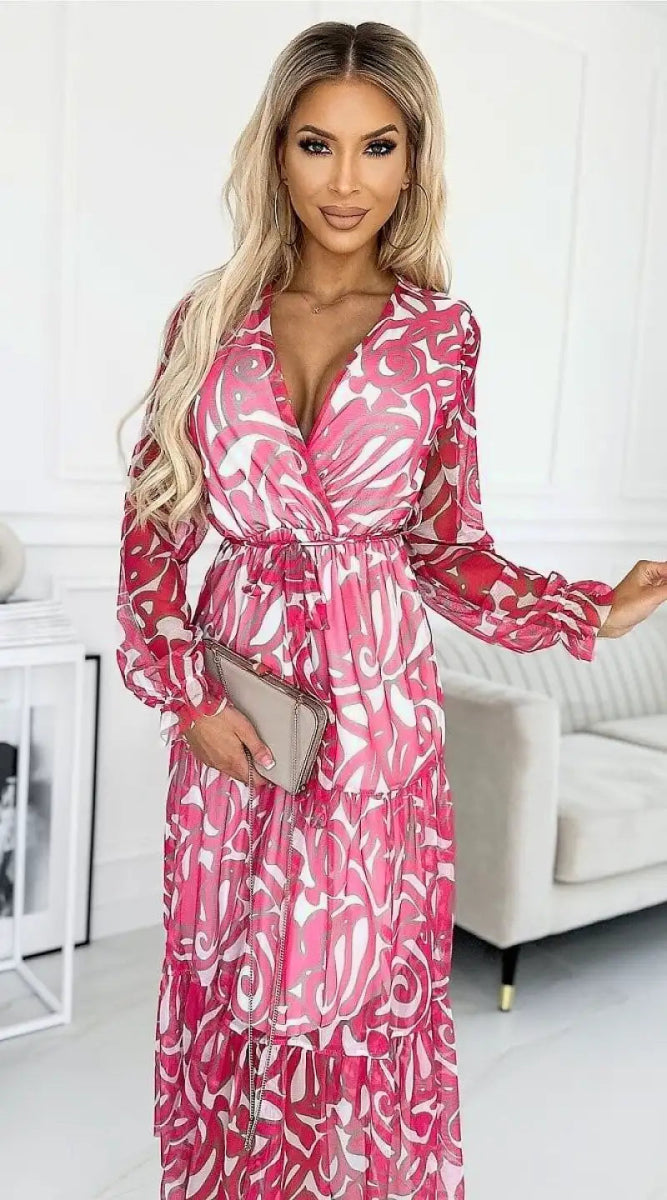 Robe de cocktail rose longue à motifs - Madame Robe