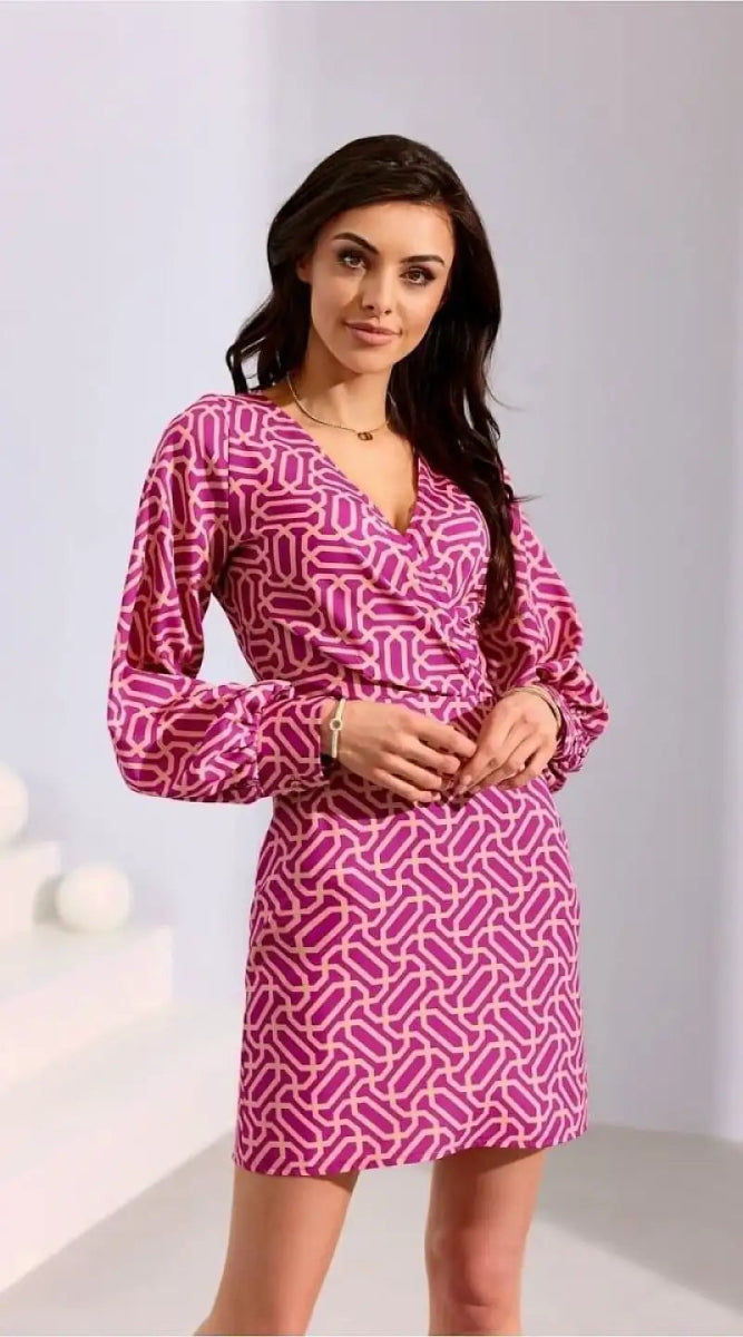 Robe de cocktail rose motif géométrique - Madame Robe