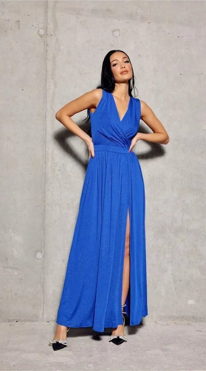 Robe de soirée bleue fendue - Madame Robe