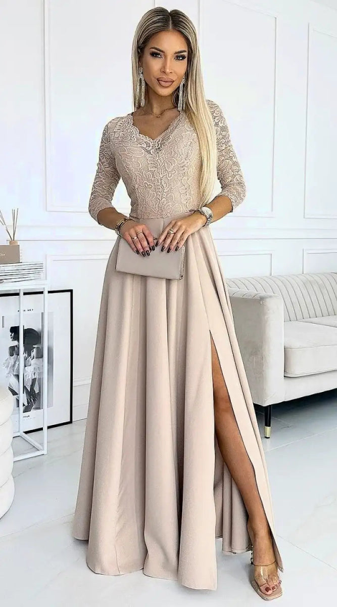 Robe de soirée longue beige - Madame Robe