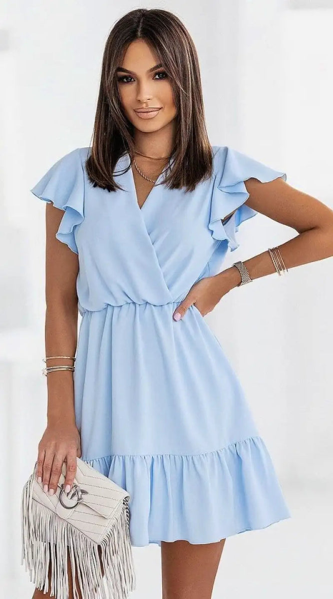 Robe délicate bleue courte avec volants - Madame Robe