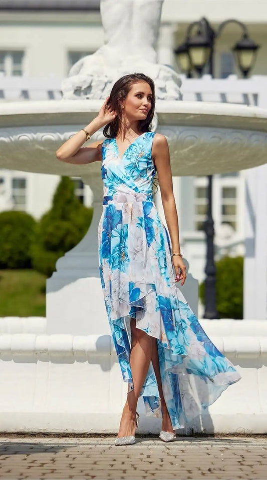 Robe d'été bleue fleurie asymétrique