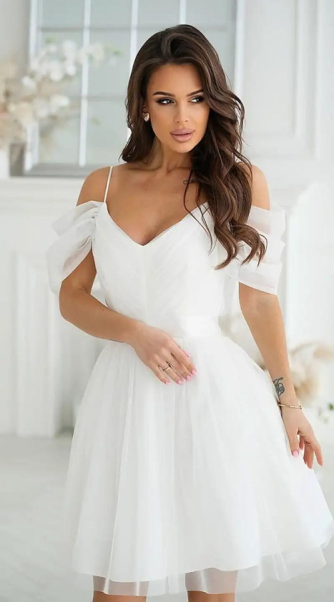 Robe en tulle blanche courte épaules dénudées - Madame Robe