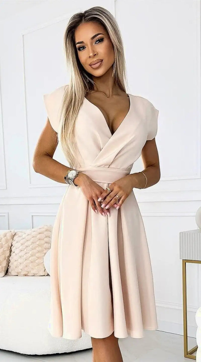 Robe évasée beige manche courte - Madame Robe