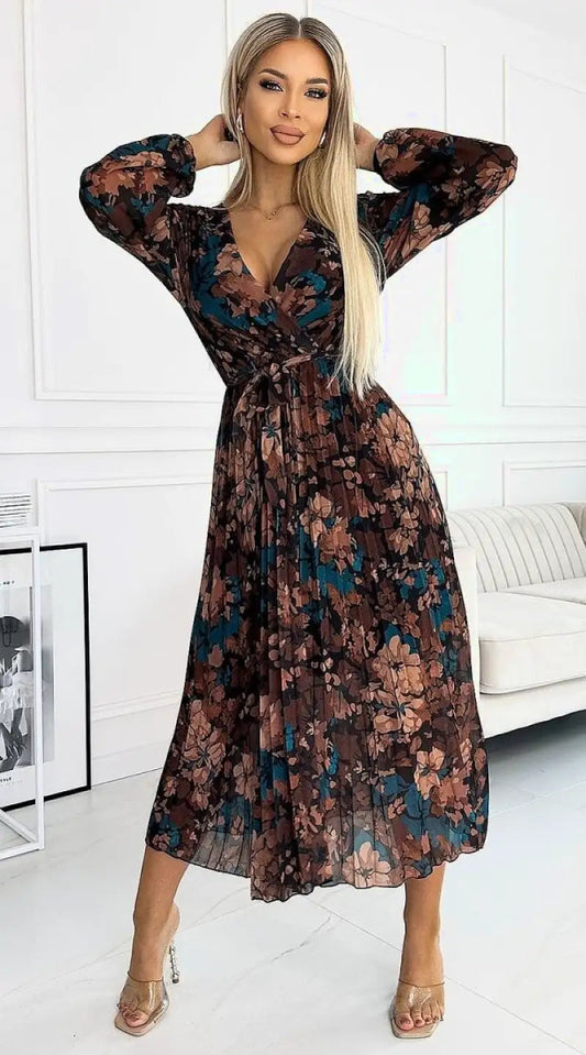 Vestido midi floral de manga larga - Madame Robe