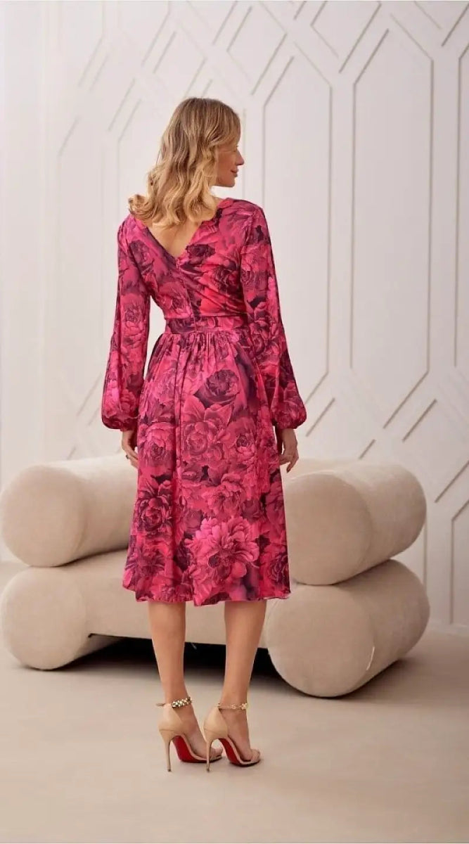 Midi-Blumenkleid rosa mit langen Ärmeln - Madame Robe