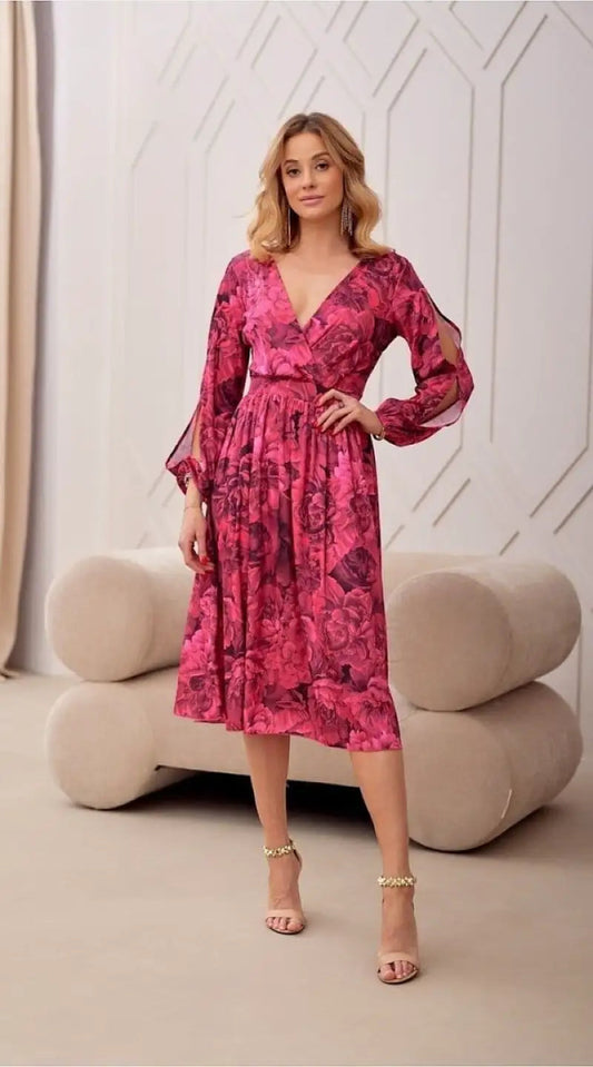 Vestido midi floral rosa con mangas largas - Madame Robe