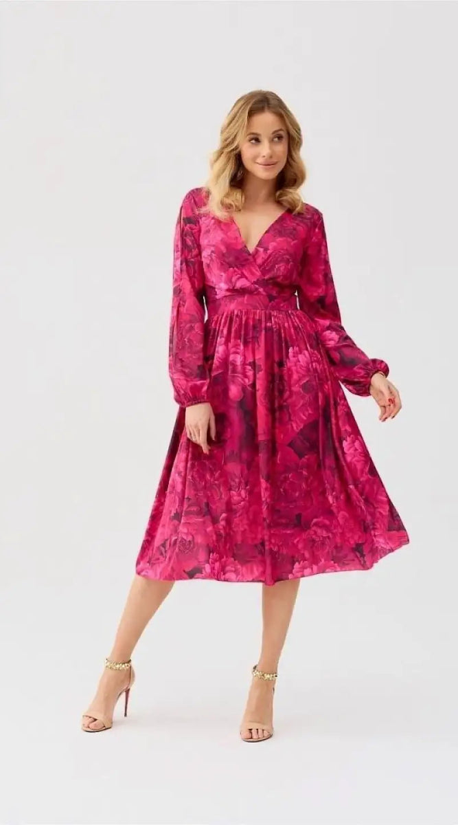 Midi-Blumenkleid rosa mit langen Ärmeln - Madame Robe