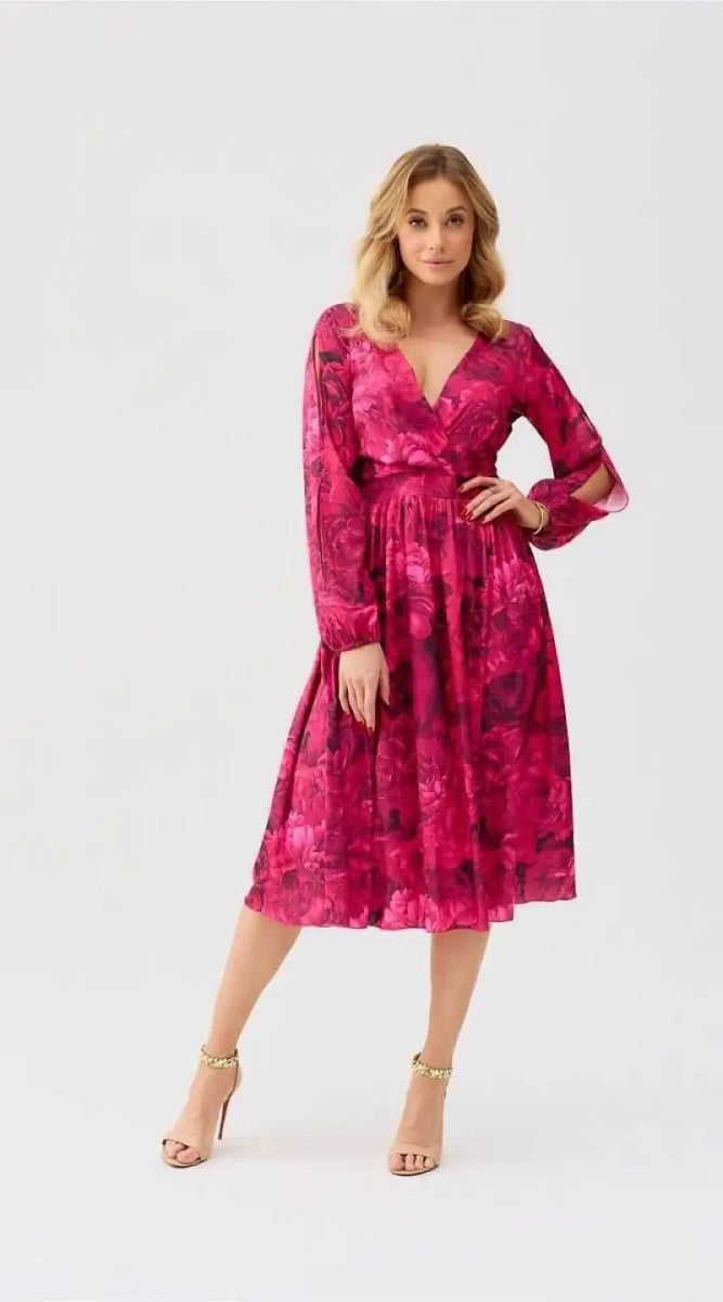 Midi-Blumenkleid rosa mit langen Ärmeln - Madame Robe