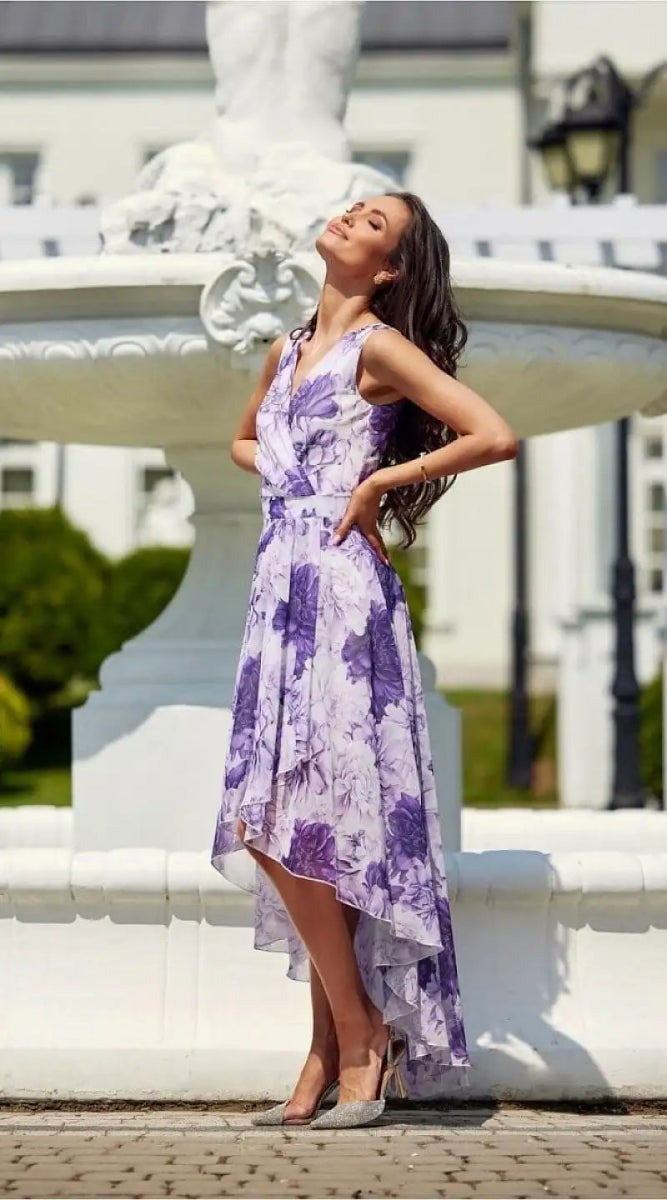 Robe fleurie violette asymétrique - Madame Robe