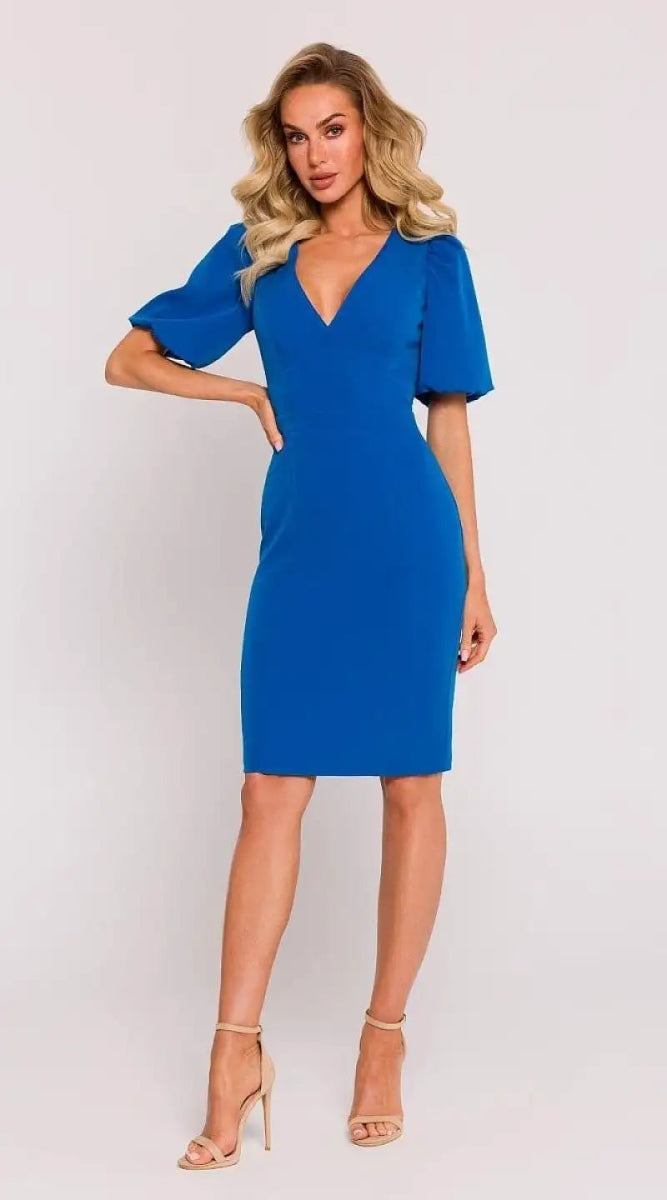 Robe fourreau bleue midi manches bouffantes - Madame Robe