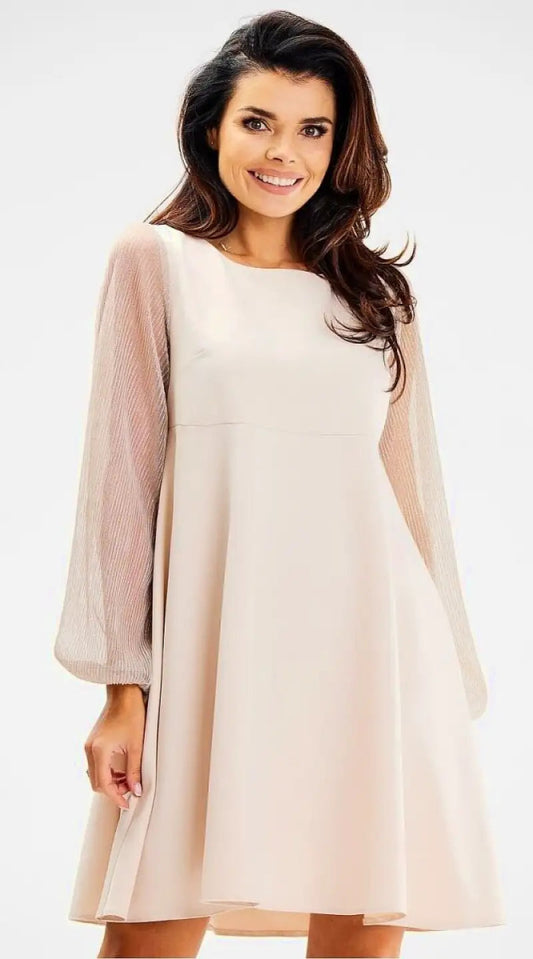 Beige dress with long sleeves - Madame Robe