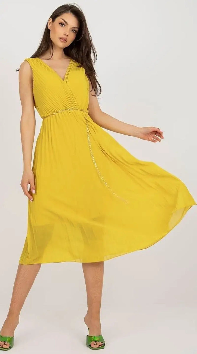 Robe jaune plissée midi bohème chic - Madame Robe