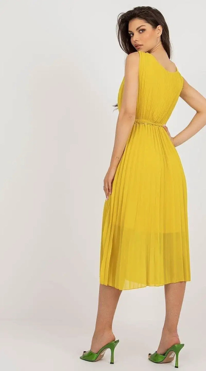 Robe jaune plissée midi bohème chic - Madame Robe