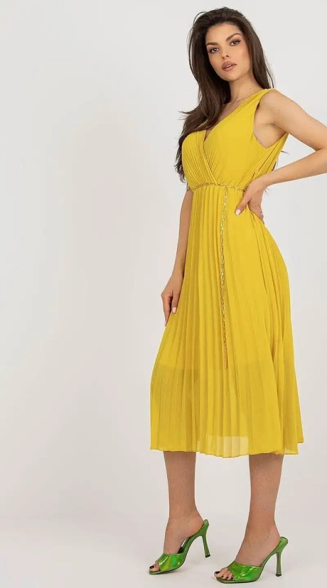 Robe jaune plissée midi bohème chic - Madame Robe