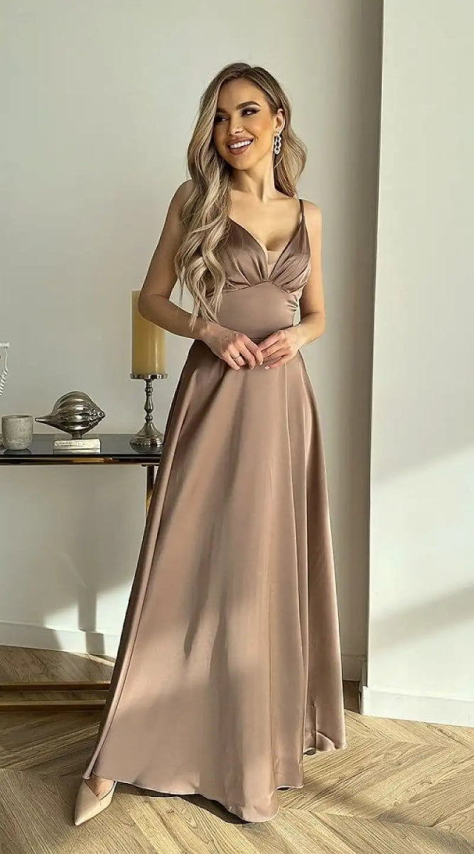 Robe longue fendue beige foncé - Madame Robe