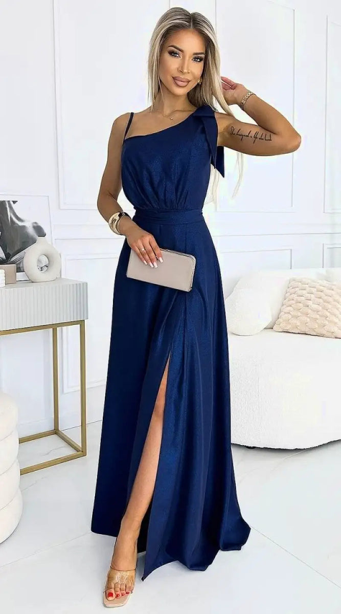 Robe maxi bleu marine chic fendue - Madame Robe