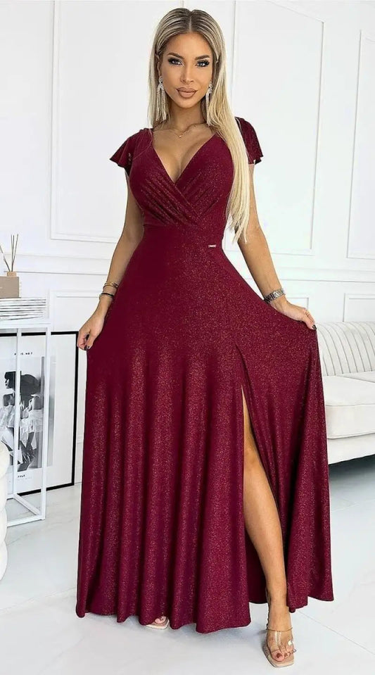 Robe maxi brillante bordeaux manche courte - Madame Robe