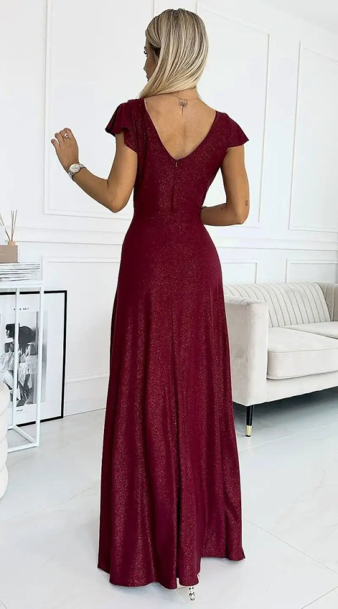 Robe maxi brillante bordeaux manche courte - Madame Robe