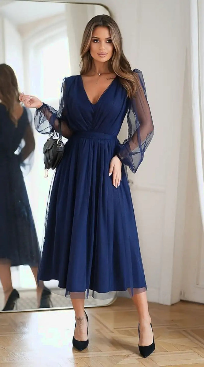 Robe midi bleue évasée - Madame Robe