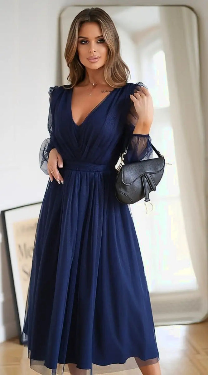 Robe midi bleue évasée - Madame Robe