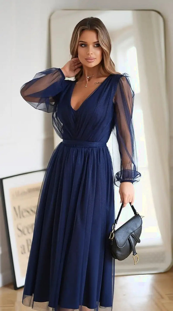 Robe midi bleue évasée - Madame Robe